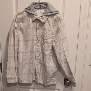 Hollister Men's Beige and Light Blue Stripe Flannel Hoodie Shirt Size S
